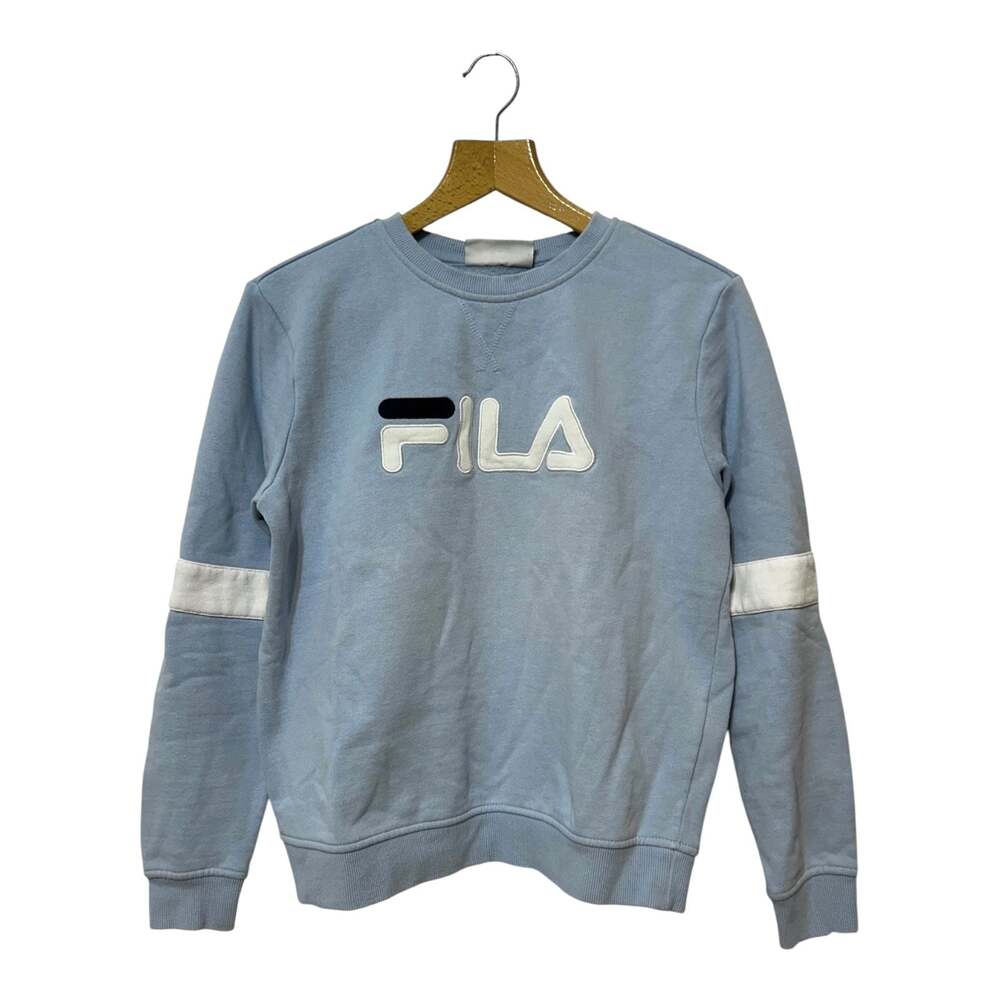 FILA Crewneck Sweatshirt Women’s S Light Blue Big Logo Patch Stripe Sleeve